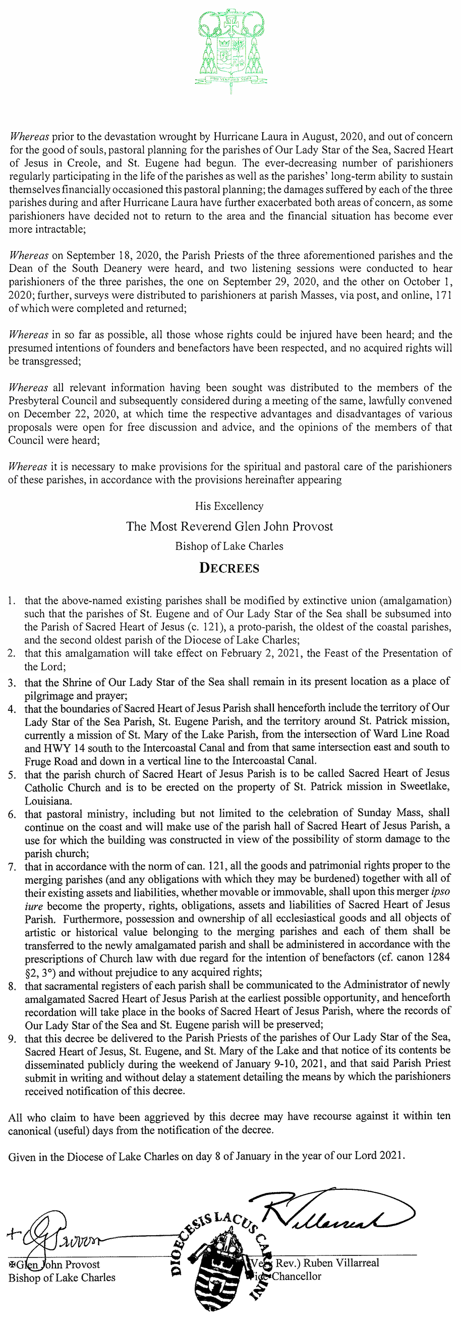 Bishop Provost Issues Decree on Coastal Parishes